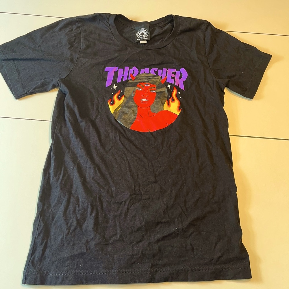 Thrasher small black screen print tee shirt Live to State State to Die
